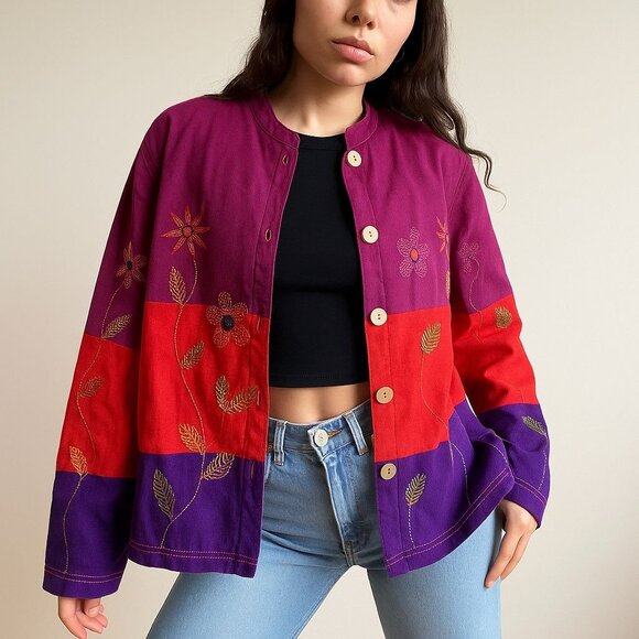 Coldwater Creek Embroidered Floral Linen-Blend Jacket M Colorblock Boho Artsy - Picture 1 of 9
